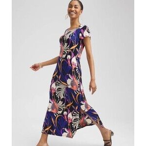 Chicos Travelers Maxi Dress 0 S Floral Short Sleeve Wrinkle Resistant Stretch